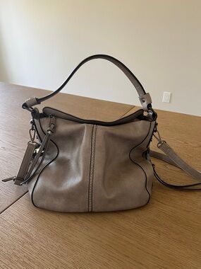 Structured Taupe Shoulder Bag with Top Handle and Detachable Strap
